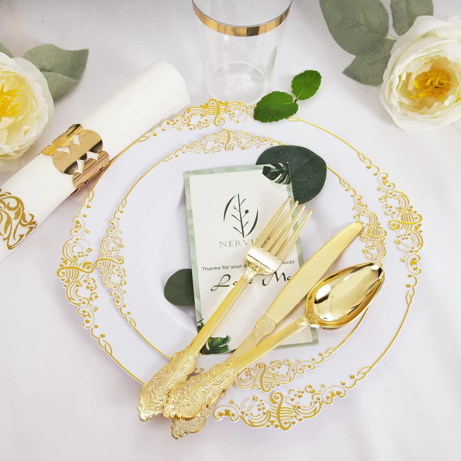 Nervure 175PCS White and Gold Plastic Plates - Disposable Dinnerware Set Include 50 Gold Plates for Dinner and Dessert, 75 Cutlery, 25Cups 25Napkins for Wedding & Party & Father's Day