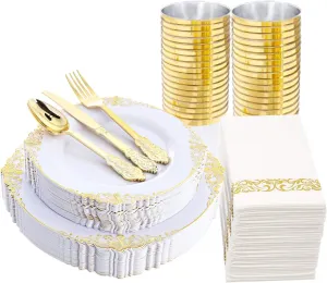 Nervure 175PCS White and Gold Plastic Plates - Disposable Dinnerware Set Include 50 Gold Plates for Dinner and Dessert, 75 Cutlery, 25Cups 25Napkins for Wedding & Party & Father's Day