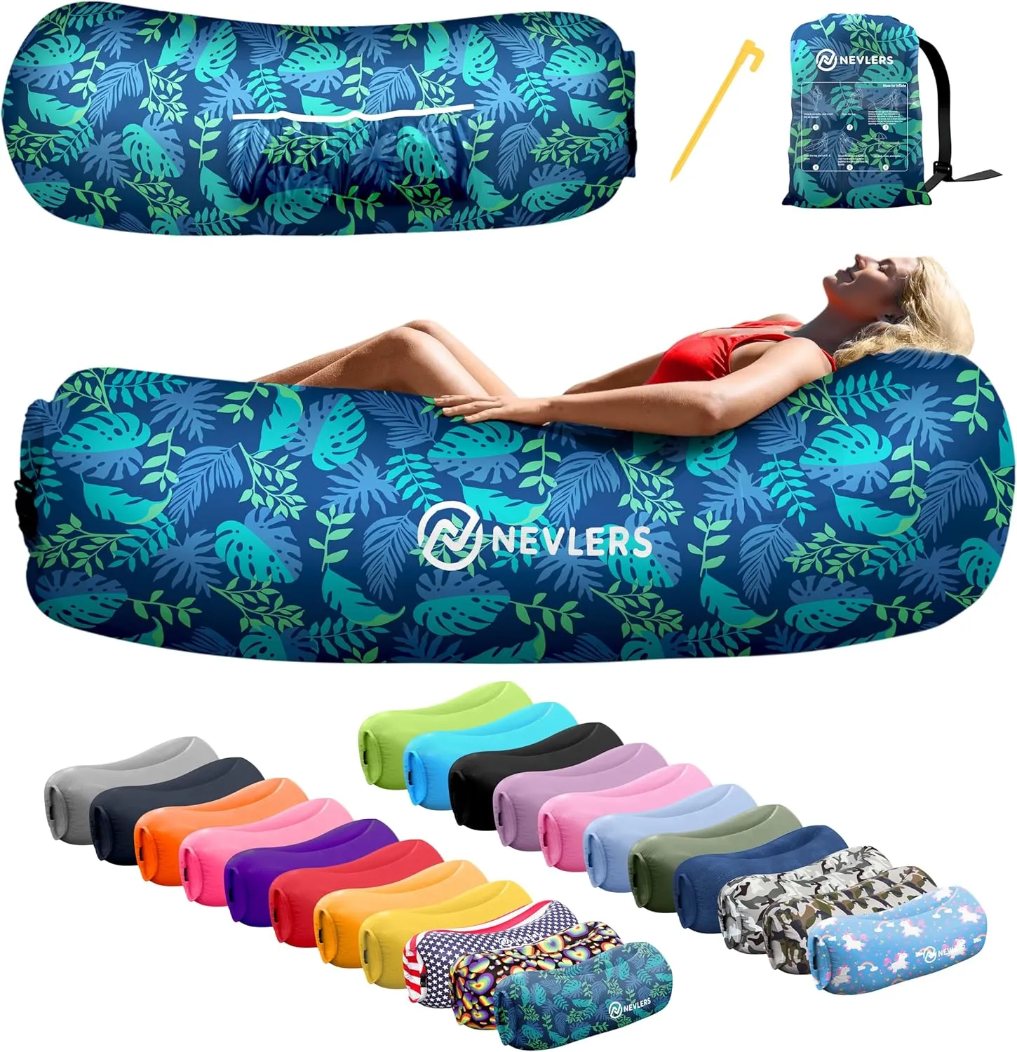 Nevlers 450Lbs Cap Air Sofa Inflatable Couch Palma | 210T Polyester Portable Hammock Inflatable Beach Chair | Inflatable Lounger Blow Up Couch for Camping, Hiking, Festivals, Beach, & Movie Nights