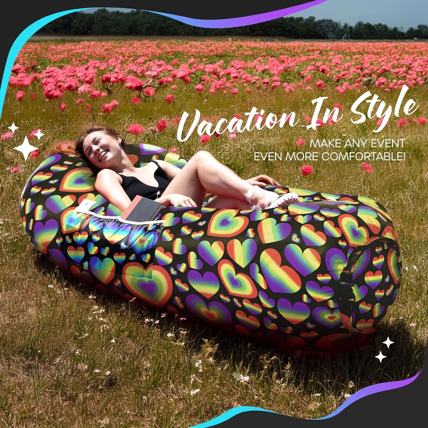 Nevlers Inflatable Lounger | 210T Polyester Inflatable Chair | No-Pump Blow Up Couch | Camping Couch Air Sofa Bed w/ 450 lbs. Cap., Pockets & Matching Bag | Use as Inflatable Couch for Adults & Kids