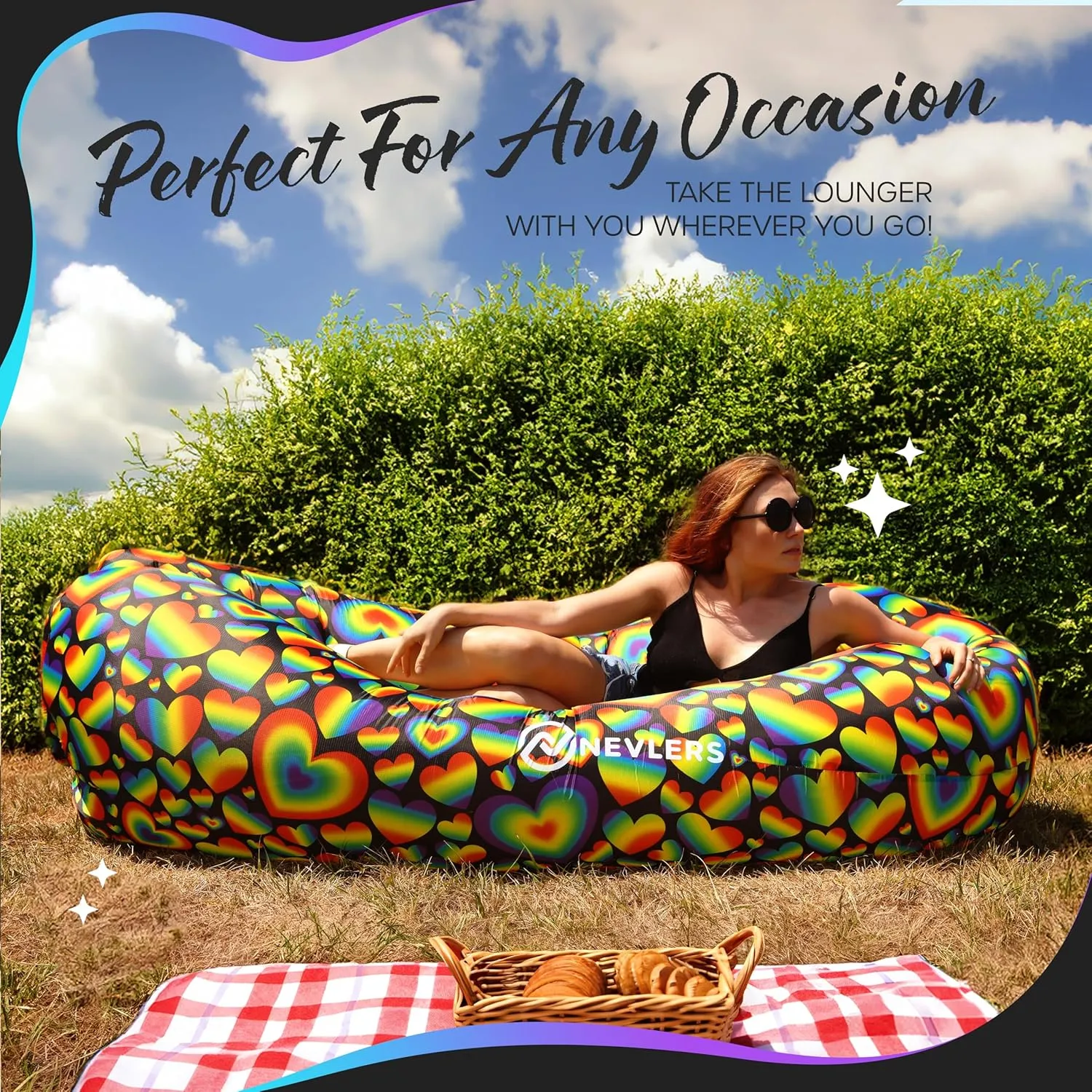 Nevlers Inflatable Lounger | 210T Polyester Inflatable Chair | No-Pump Blow Up Couch | Camping Couch Air Sofa Bed w/ 450 lbs. Cap., Pockets & Matching Bag | Use as Inflatable Couch for Adults & Kids