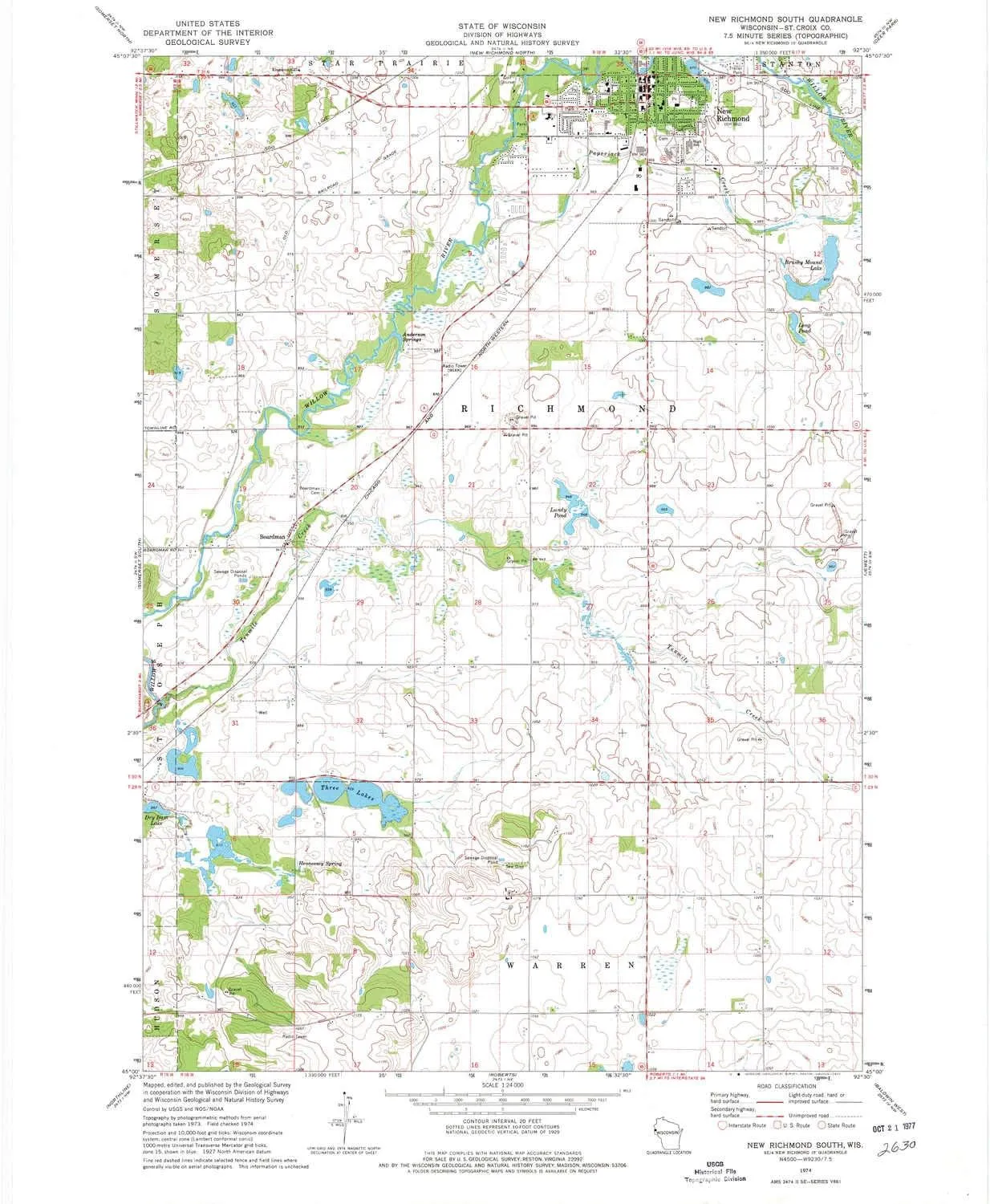 New Richmond South WI topo map, 1:24000 Scale, 7.5 X 7.5 Minute, Historical, 1974, Updated 1977, 27.03 x 22.24 in
