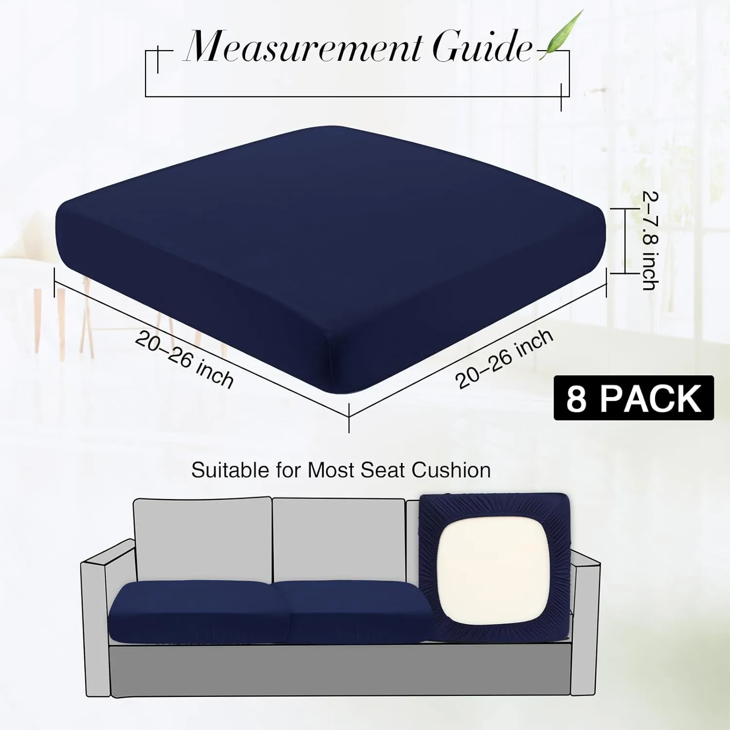Newwiee 8Pcs Patio Cushion Covers Stretch Outdoor Cushion Cover Replacement for Patio Furniture Sofa Couch Slipcovers, Soft Flexibility Washable Furniture Protector(Waterproof Pure,Navy)
