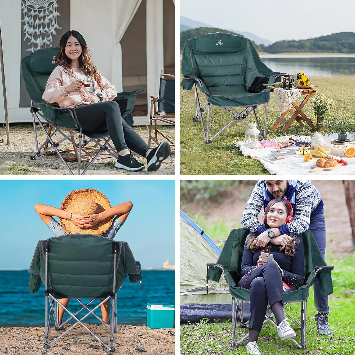 Nice C Camping Chairs, Oversized XL Padded Camping Chair, Outdoor Chair, Camp Chair, Lounge Chair, Wide&Thick, Heavy Duty 400lb, Carry Bag, Cupholder & Cooler (Two Green)