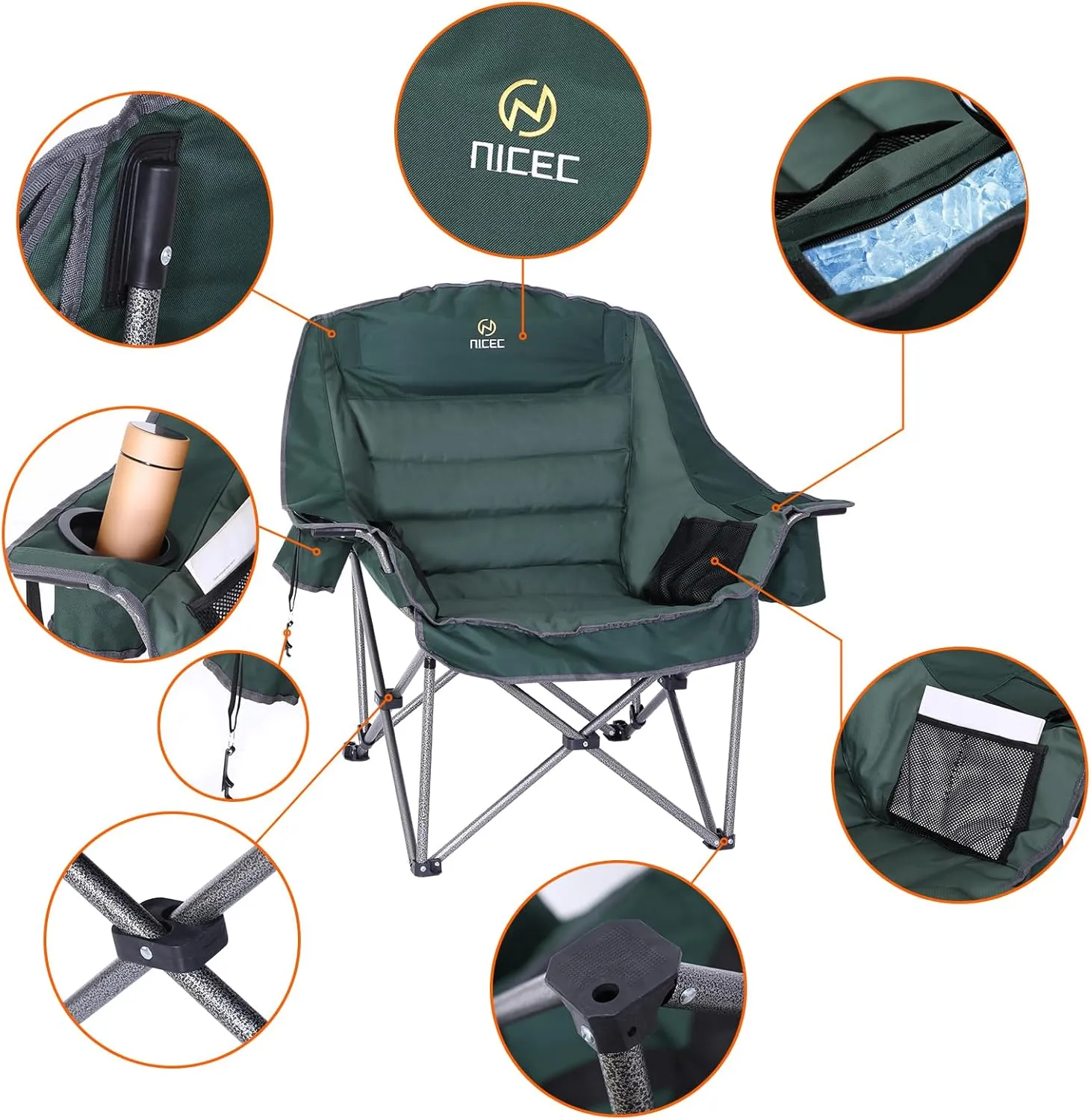 Nice C Camping Chairs, Oversized XL Padded Camping Chair, Outdoor Chair, Camp Chair, Lounge Chair, Wide&Thick, Heavy Duty 400lb, Carry Bag, Cupholder & Cooler (Two Green)