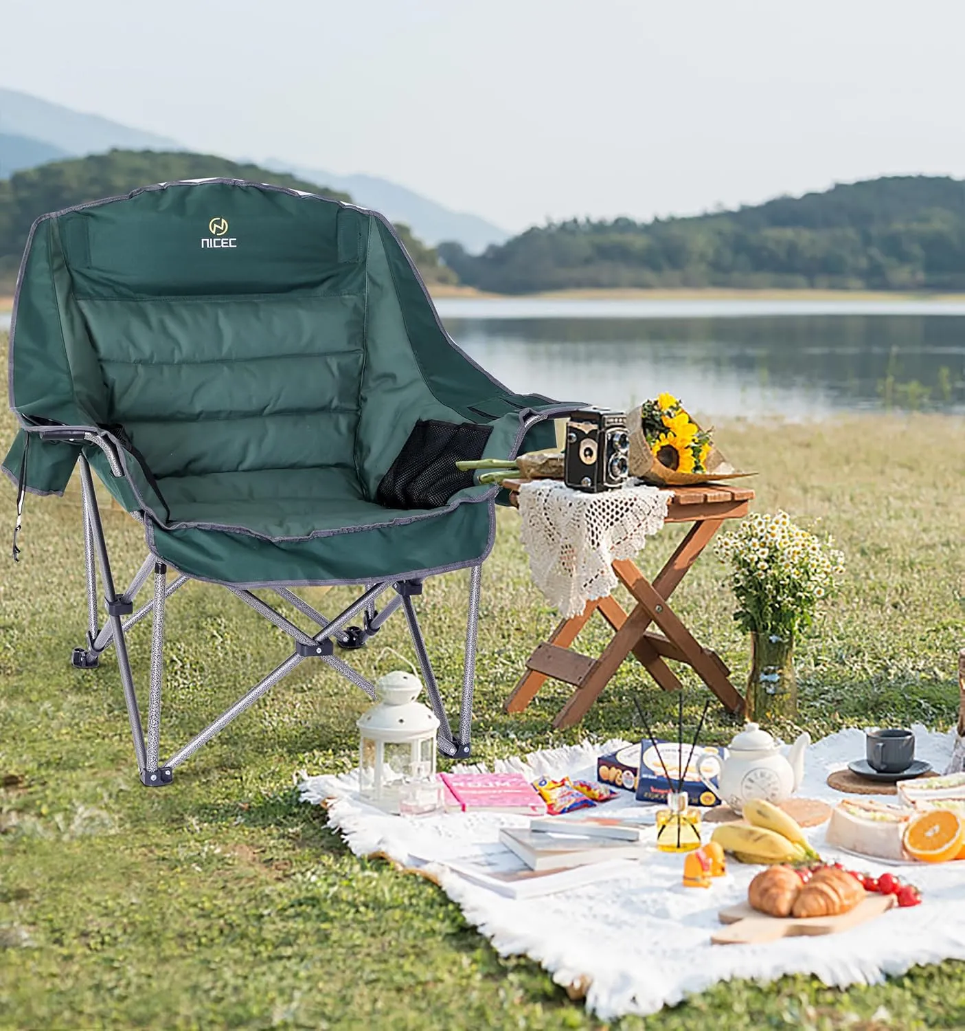 Nice C Camping Chairs, Oversized XL Padded Camping Chair, Outdoor Chair, Camp Chair, Lounge Chair, Wide&Thick, Heavy Duty 400lb, Carry Bag, Cupholder & Cooler (Two Green)