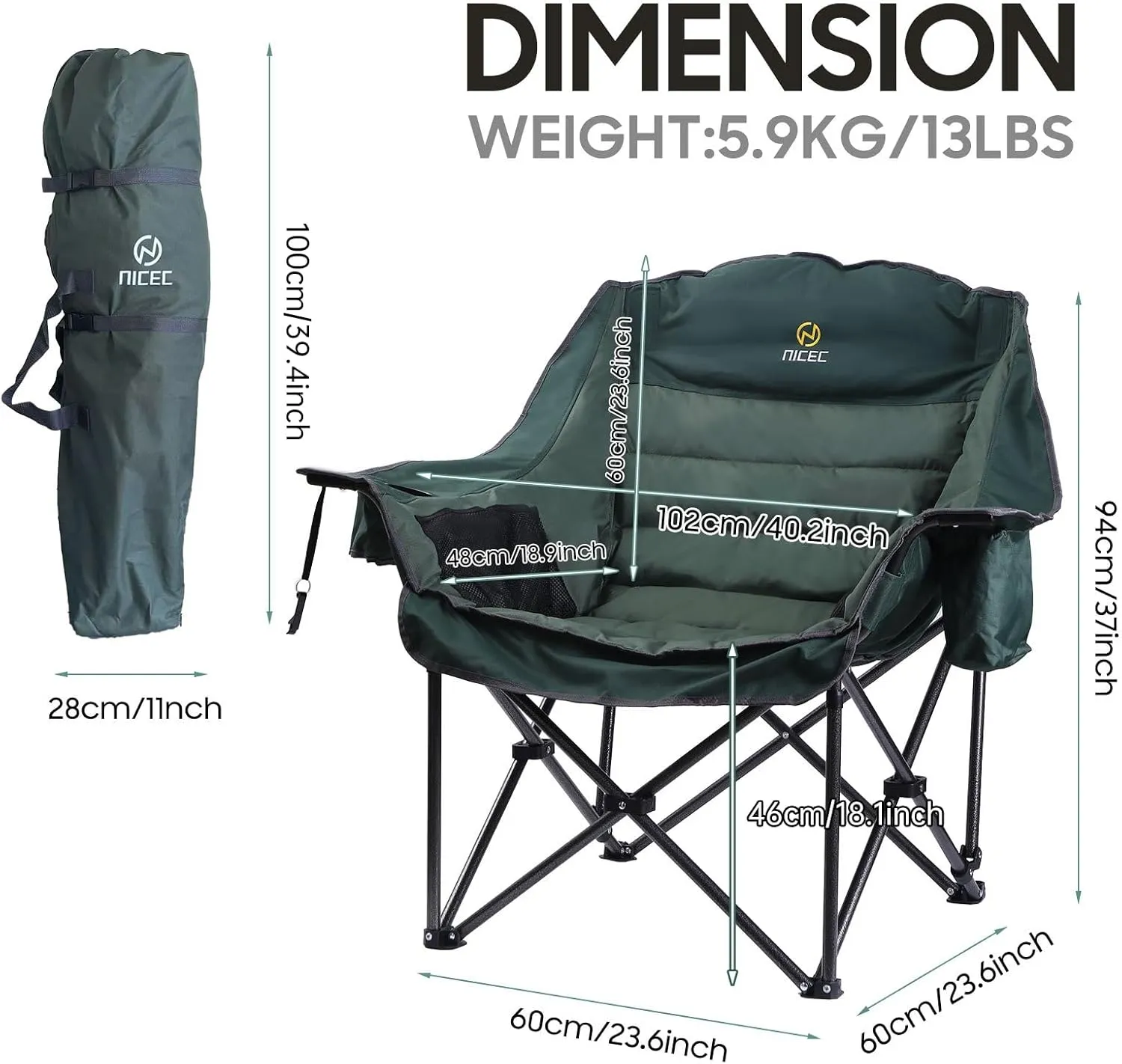 Nice C Camping Chairs, Oversized XL Padded Camping Chair, Outdoor Chair, Camp Chair, Lounge Chair, Wide&Thick, Heavy Duty 400lb, Carry Bag, Cupholder & Cooler (Two Green)