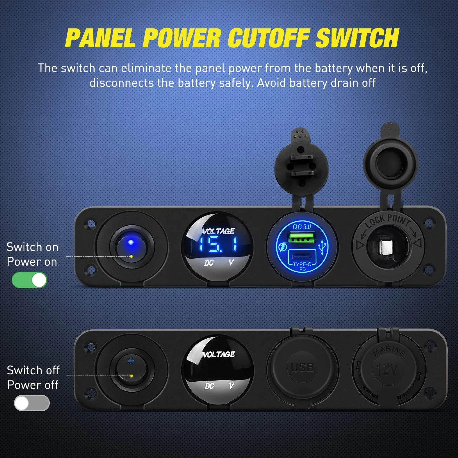 Nilight 4 in 1 ON/Off Charger Socket Panel PD Type C and QC 3.0 USB Power Outlet LED Voltmeter Cigarette Lighter Rocker Toggle Switches for Truck Car Boats RV