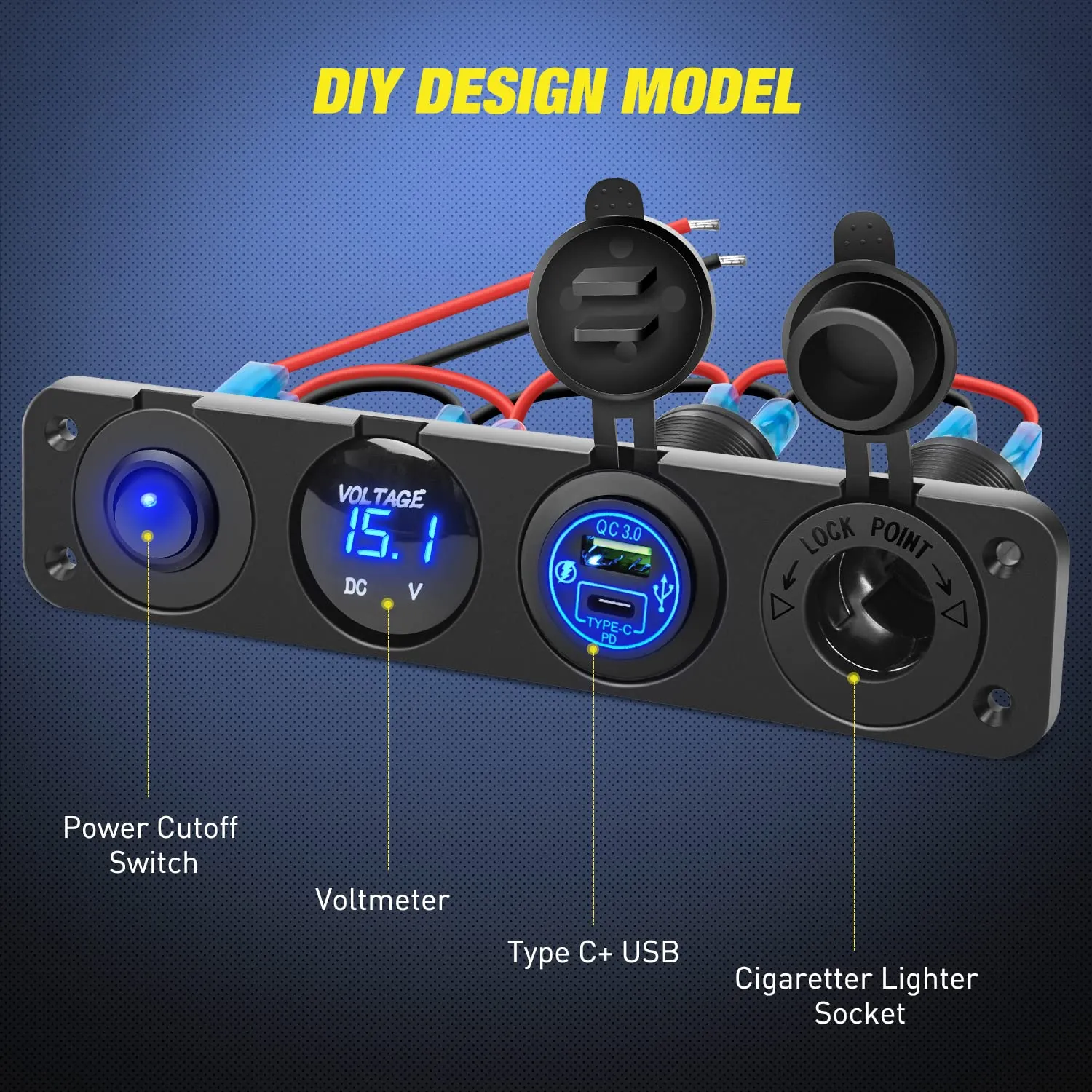 Nilight 4 in 1 ON/Off Charger Socket Panel PD Type C and QC 3.0 USB Power Outlet LED Voltmeter Cigarette Lighter Rocker Toggle Switches for Truck Car Boats RV