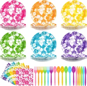 Nitial 120 Pcs Hibiscus Party Plates Napkins Hawaiian Theme Tableware Set for Luau Table Decorations Supplies Tropical Dessert Plates Forks for Aloha Summer Beach Party, Serve 24 Guests