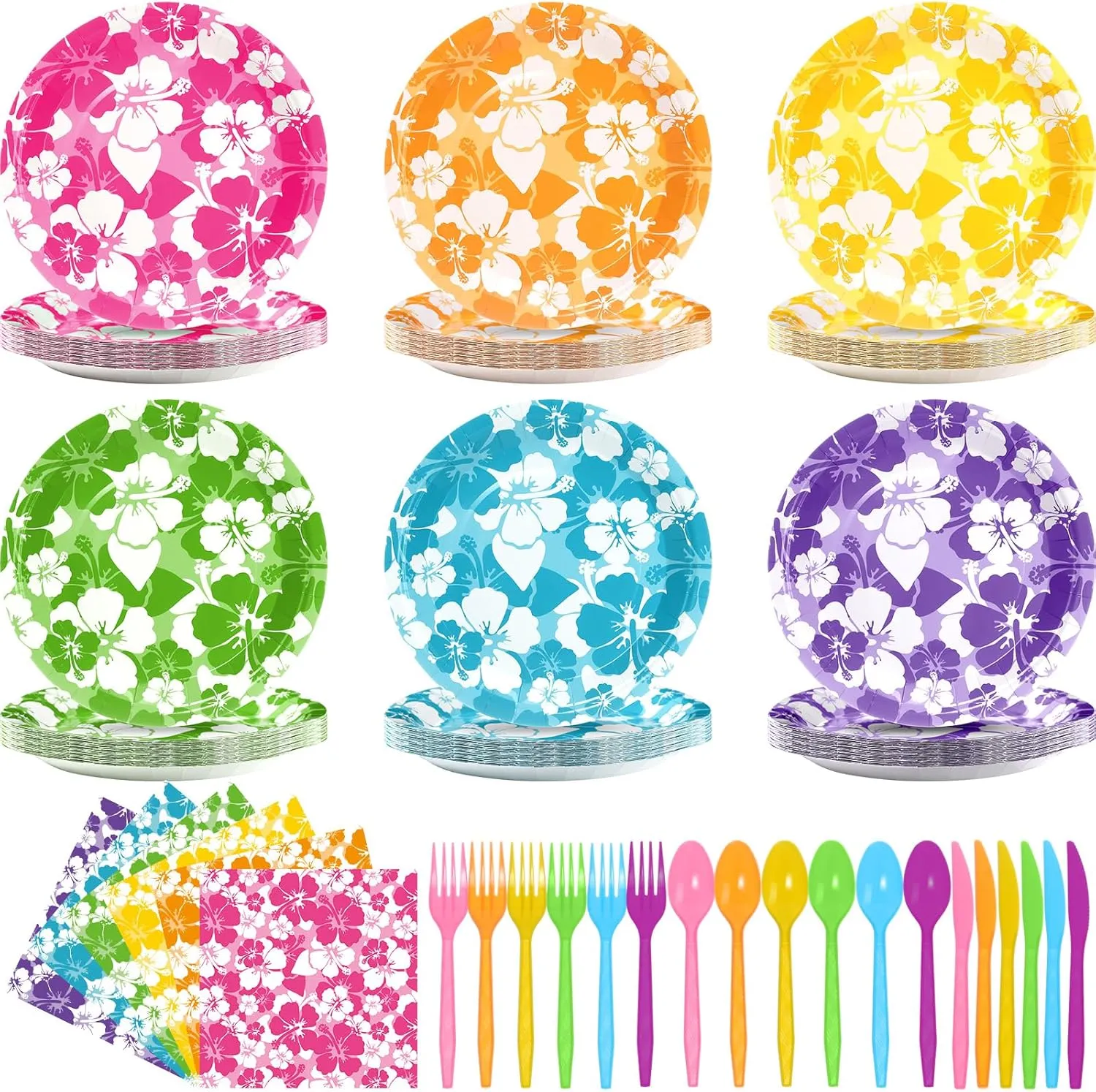 Nitial 120 Pcs Hibiscus Party Plates Napkins Hawaiian Theme Tableware Set for Luau Table Decorations Supplies Tropical Dessert Plates Forks for Aloha Summer Beach Party, Serve 24 Guests