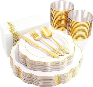 NOCCUR 175PCS Gold Plastic Plates with Disposable Silverware - White Gold Plastic Tableware Include 25 Dinner /25 Dessert Plates, 75 Cutlery, 25 Cups, 25 Napkins - Ideal for Party&Wedding