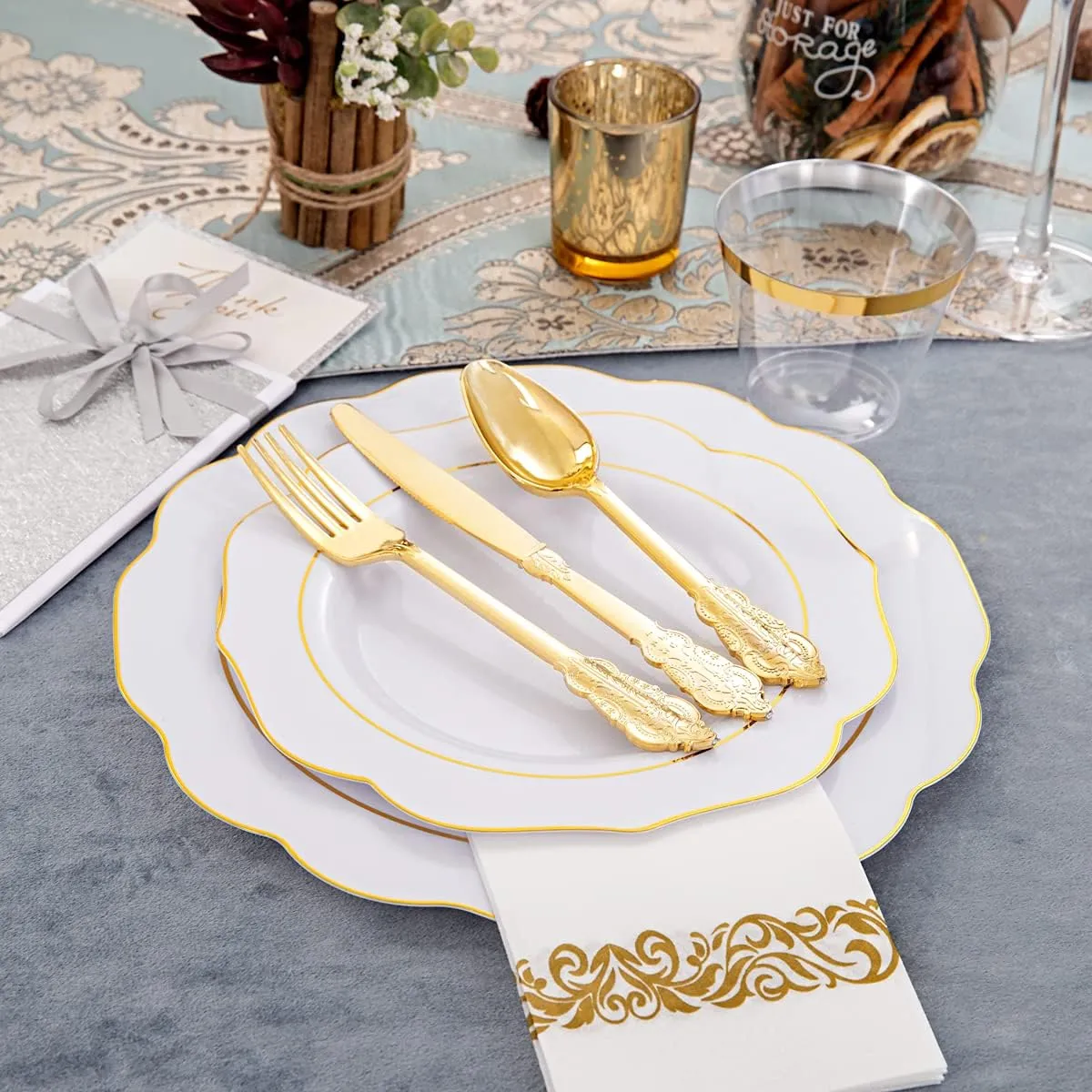 NOCCUR 175PCS Gold Plastic Plates with Disposable Silverware - White Gold Plastic Tableware Include 25 Dinner /25 Dessert Plates, 75 Cutlery, 25 Cups, 25 Napkins - Ideal for Party&Wedding
