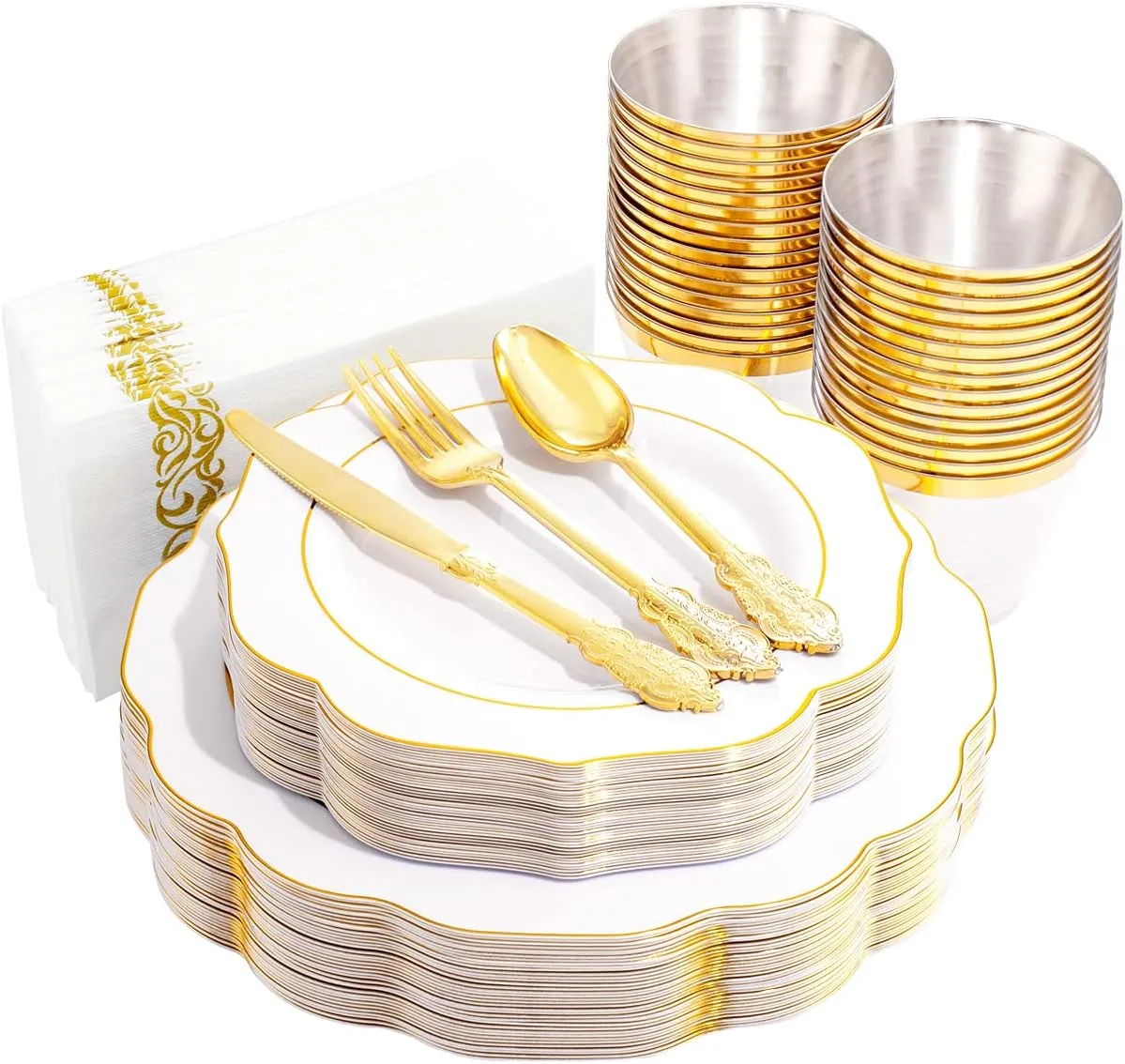 NOCCUR 175PCS Gold Plastic Plates with Disposable Silverware - White Gold Plastic Tableware Include 25 Dinner /25 Dessert Plates, 75 Cutlery, 25 Cups, 25 Napkins - Ideal for Party&Wedding
