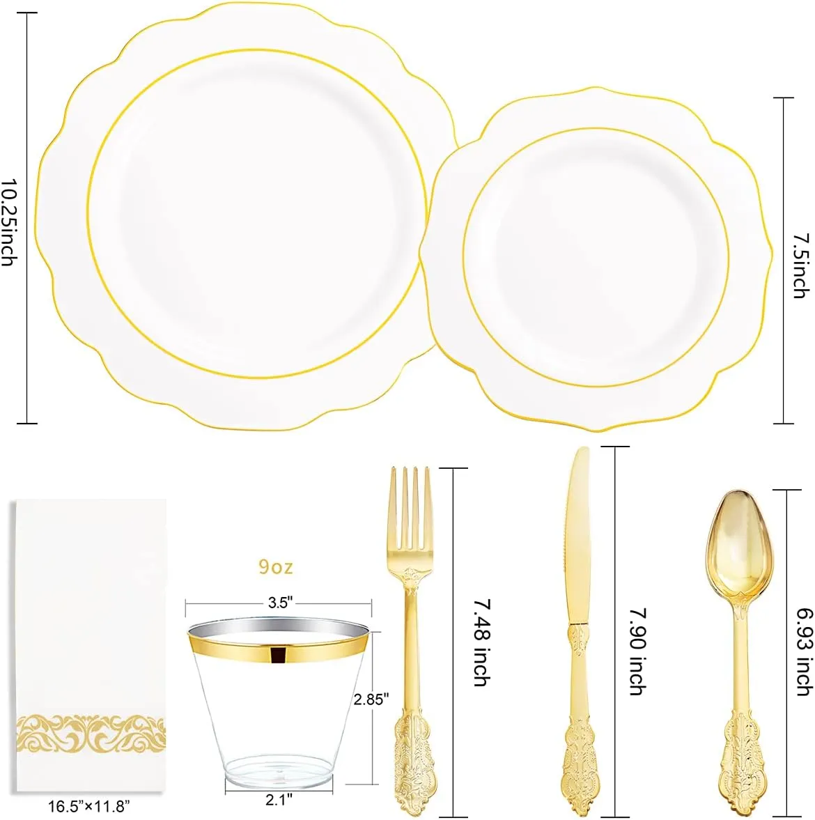 NOCCUR 175PCS Gold Plastic Plates with Disposable Silverware - White Gold Plastic Tableware Include 25 Dinner /25 Dessert Plates, 75 Cutlery, 25 Cups, 25 Napkins - Ideal for Party&Wedding