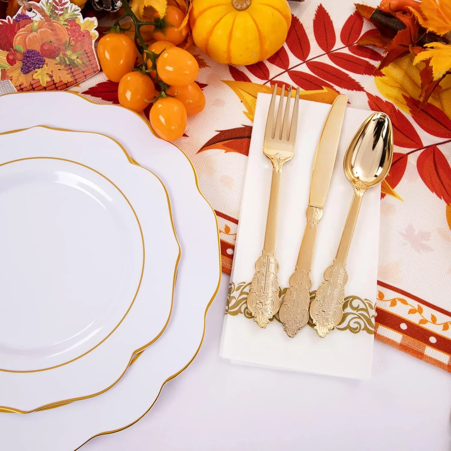 NOCCUR 175PCS Gold Plastic Plates with Disposable Silverware - White Gold Plastic Tableware Include 25 Dinner /25 Dessert Plates, 75 Cutlery, 25 Cups, 25 Napkins - Ideal for Party&Wedding
