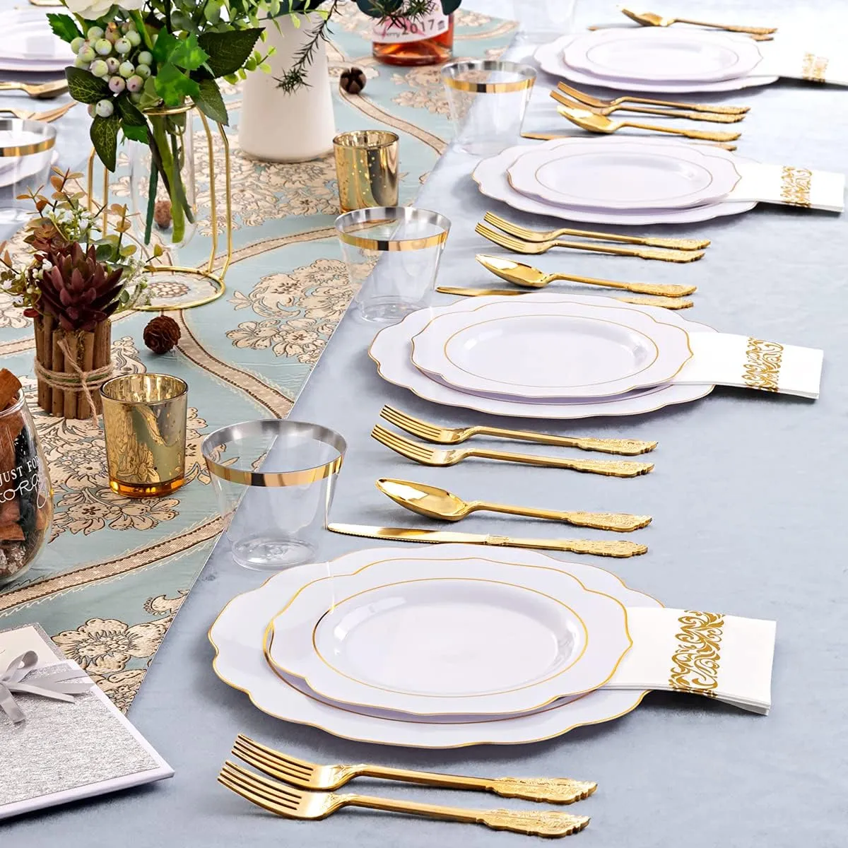NOCCUR 175PCS Gold Plastic Plates with Disposable Silverware - White Gold Plastic Tableware Include 25 Dinner /25 Dessert Plates, 75 Cutlery, 25 Cups, 25 Napkins - Ideal for Party&Wedding