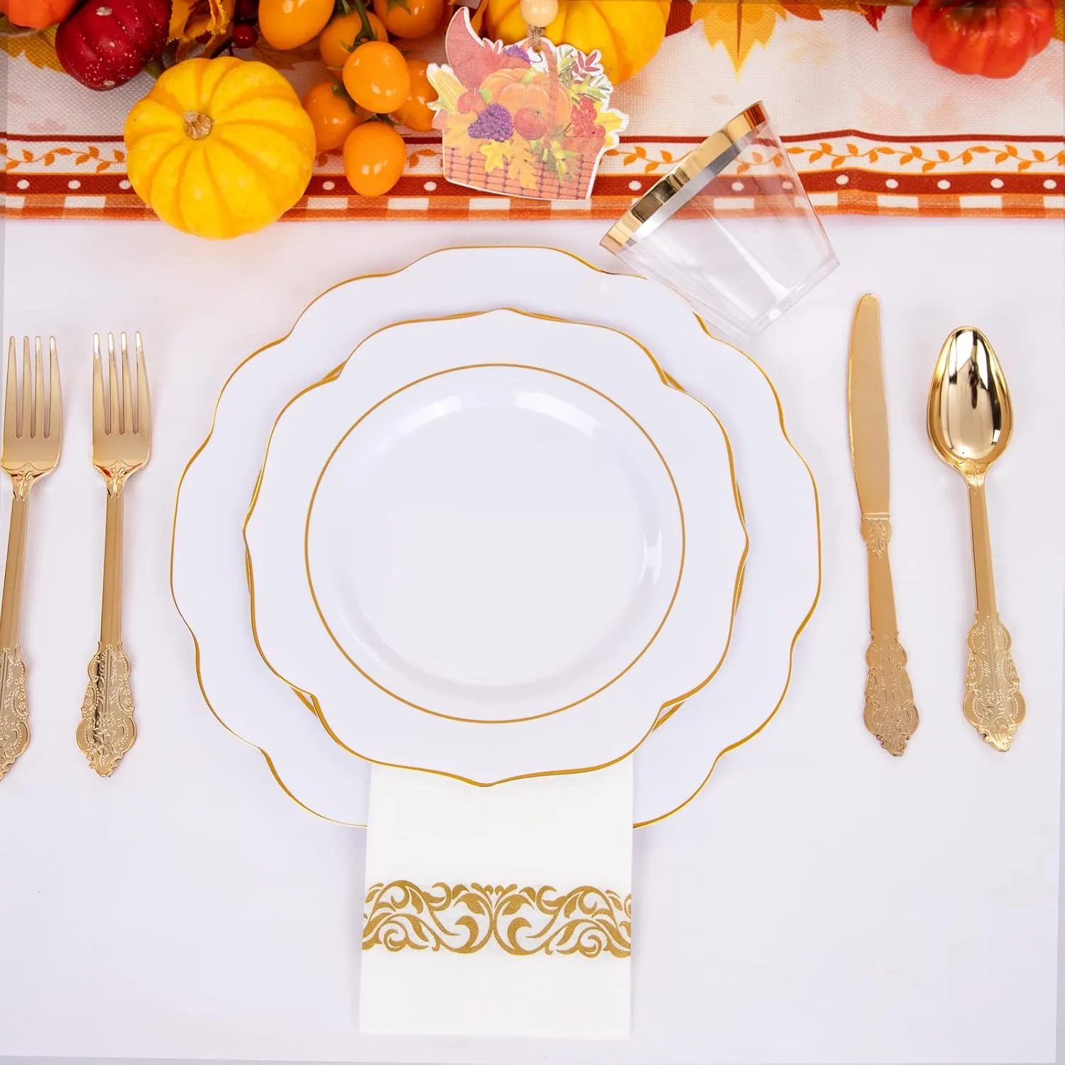 NOCCUR 175PCS Gold Plastic Plates with Disposable Silverware - White Gold Plastic Tableware Include 25 Dinner /25 Dessert Plates, 75 Cutlery, 25 Cups, 25 Napkins - Ideal for Party&Wedding