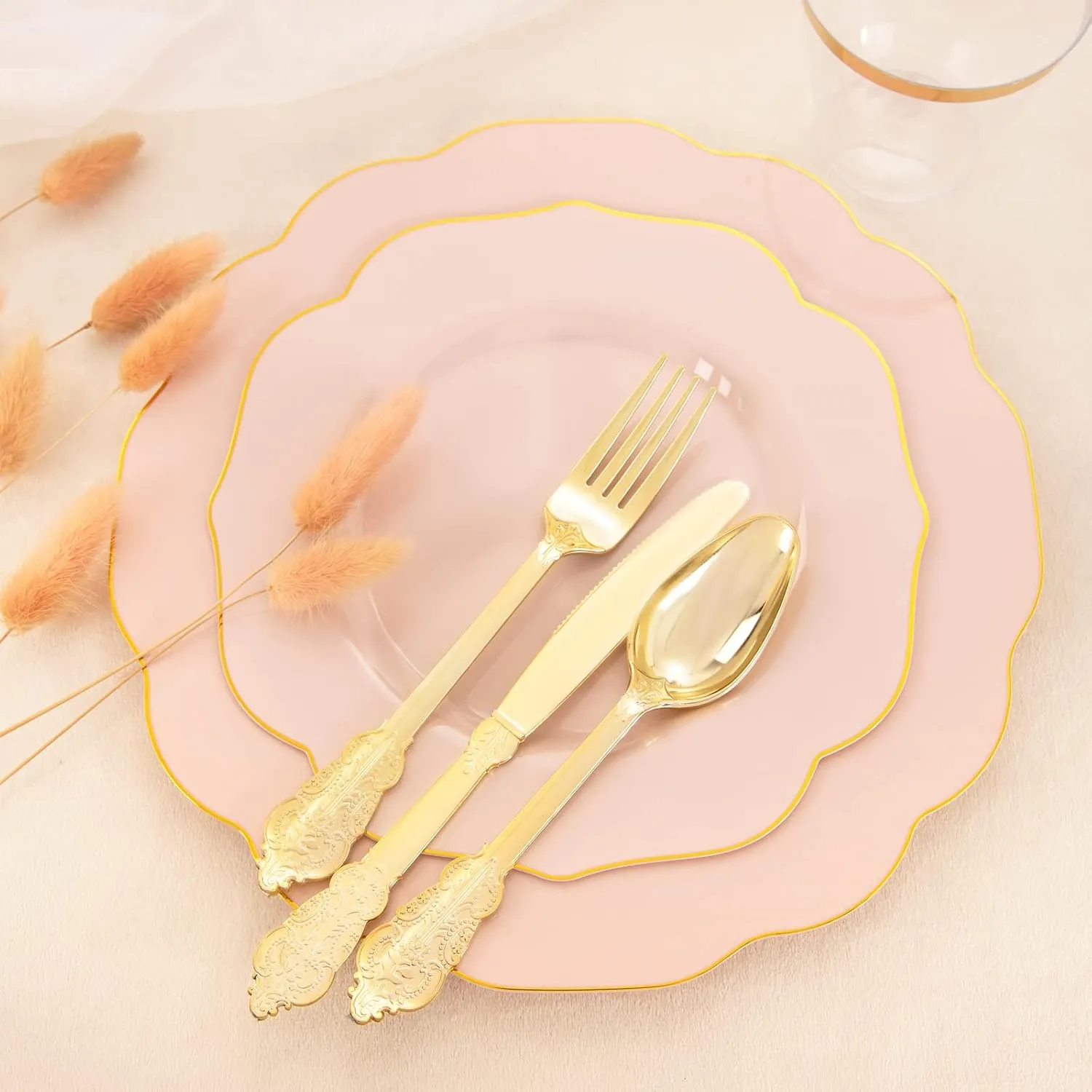 NOCCUR 175PCS Pink Plates with Gold Disposable Silverware - Include 50 Pink Plastic Plates,25 Knives,25 Forks,25 Spoons,25 Cups and 25 Napkins - Ideal for Wedding/Party