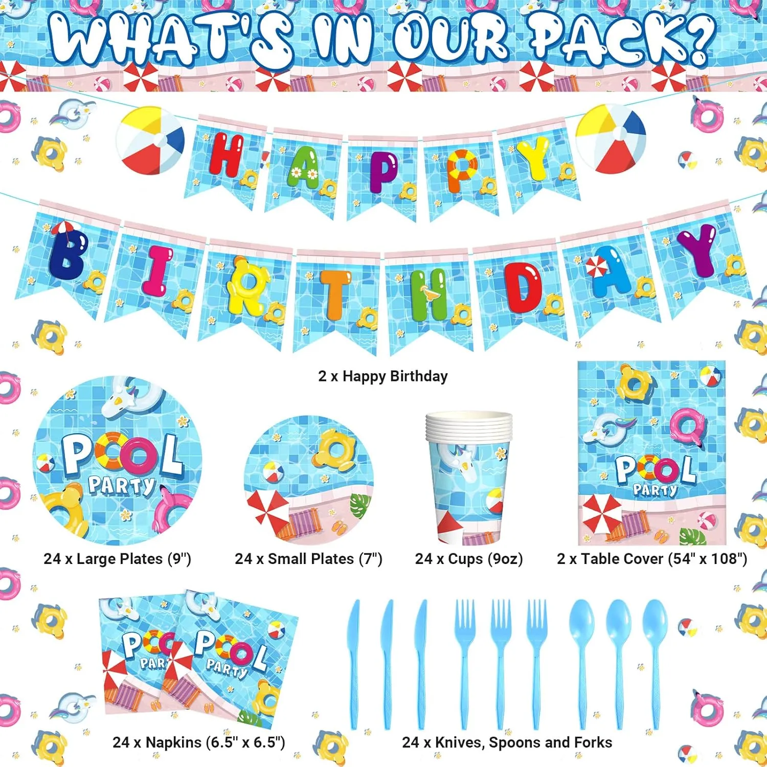 Nuanchu 172 Pcs Pool Party Supplies Serves 24 Include Summer Beach Tablecloth Pool Birthday Banner Themed Plates and Napkins Tableware Set for Beach Ball Birthday Party Decor