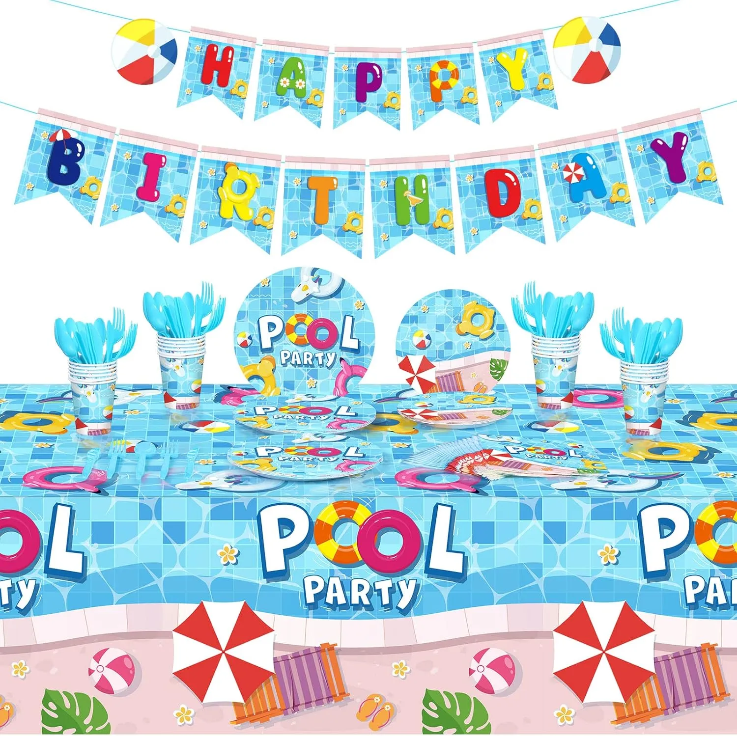 Nuanchu 172 Pcs Pool Party Supplies Serves 24 Include Summer Beach Tablecloth Pool Birthday Banner Themed Plates and Napkins Tableware Set for Beach Ball Birthday Party Decor