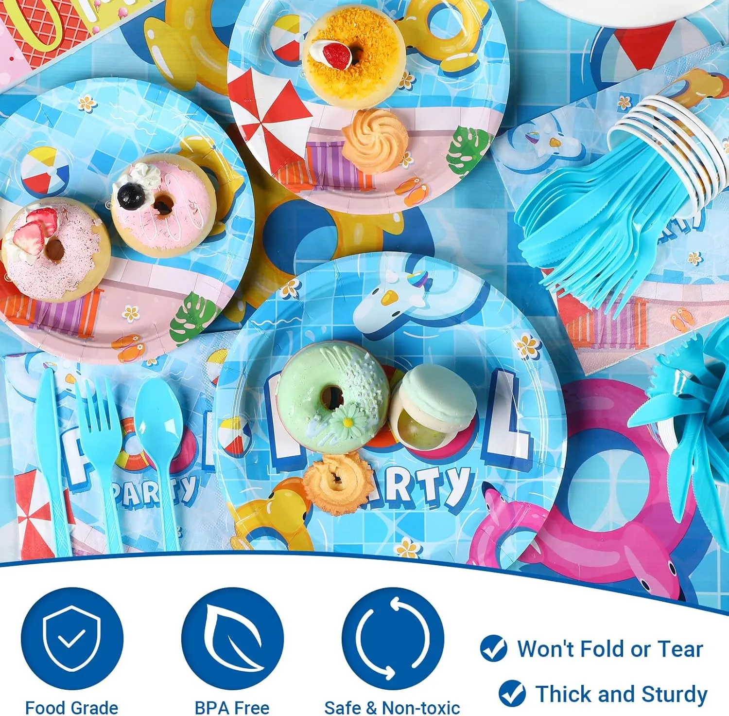 Nuanchu 172 Pcs Pool Party Supplies Serves 24 Include Summer Beach Tablecloth Pool Birthday Banner Themed Plates and Napkins Tableware Set for Beach Ball Birthday Party Decor