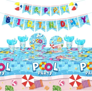 Nuanchu 172 Pcs Pool Party Supplies Serves 24 Include Summer Beach Tablecloth Pool Birthday Banner Themed Plates and Napkins Tableware Set for Beach Ball Birthday Party Decor