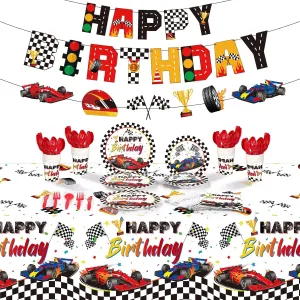 Nuanchu 173 Pcs Race Birthday Party Supplies 24, Include Car Themed Tablecloth, Happy Birthday Car Banner, Racing Cars Party Plates Napkin Tableware Set Decorations