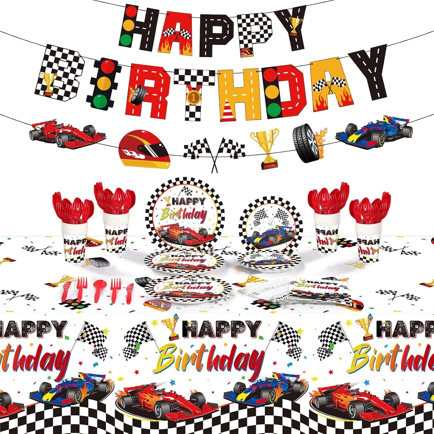 Nuanchu 173 Pcs Race Birthday Party Supplies 24, Include Car Themed Tablecloth, Happy Birthday Car Banner, Racing Cars Party Plates Napkin Tableware Set Decorations
