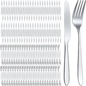 Nuenen 200 Pcs Forks and Knives Stainless Steel Silverware Set Include 100 Dinner Forks and 100 Knives Flatware tableware Cutlery Set for Home Restaurant, Mirror Polished, Dishwasher Safe