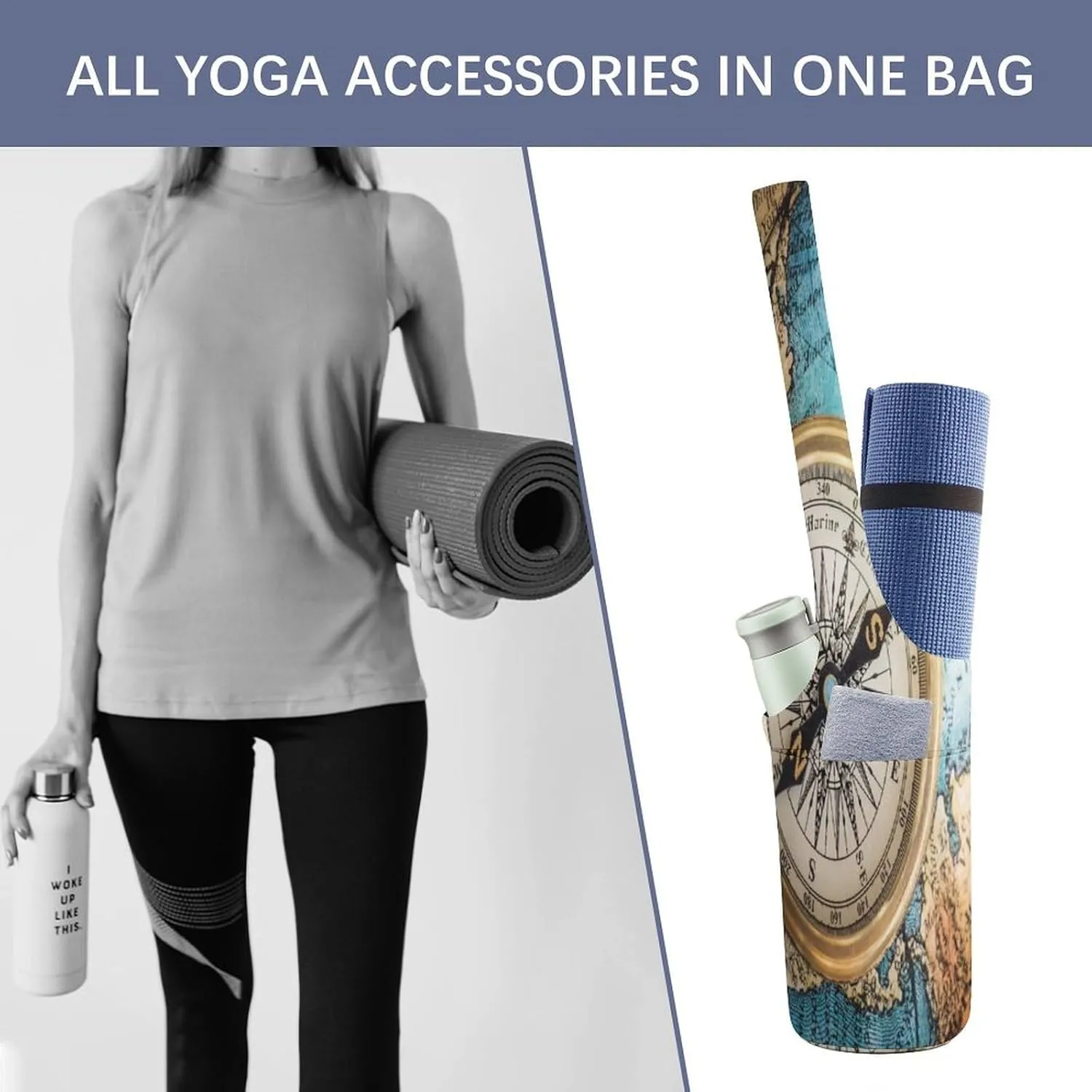 Nugier Yoga Mat Bag, Soft Canvas Storage Bag Fashion Mat Bag Pocket Shoulder Strap Clothes Dorm Organizer Print Old Retro Compass on Old Map Travel Geography Navigation