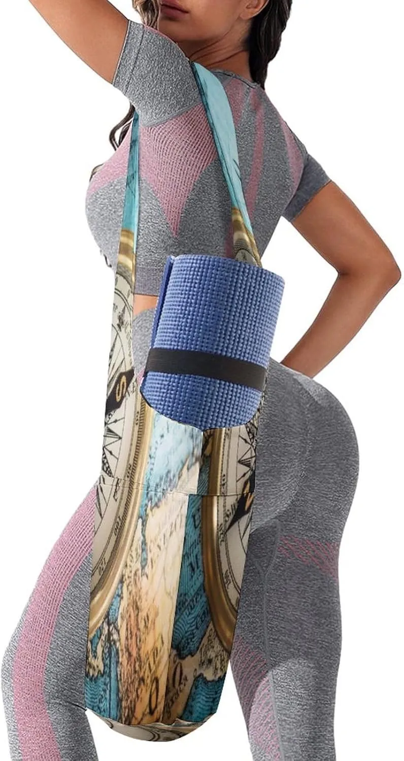 Nugier Yoga Mat Bag, Soft Canvas Storage Bag Fashion Mat Bag Pocket Shoulder Strap Clothes Dorm Organizer Print Old Retro Compass on Old Map Travel Geography Navigation