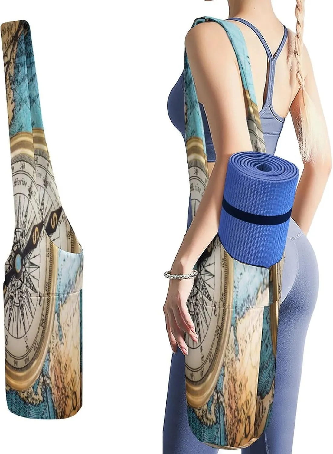 Nugier Yoga Mat Bag, Soft Canvas Storage Bag Fashion Mat Bag Pocket Shoulder Strap Clothes Dorm Organizer Print Old Retro Compass on Old Map Travel Geography Navigation