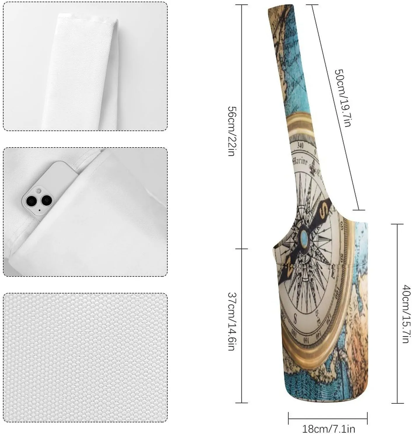 Nugier Yoga Mat Bag, Soft Canvas Storage Bag Fashion Mat Bag Pocket Shoulder Strap Clothes Dorm Organizer Print Old Retro Compass on Old Map Travel Geography Navigation