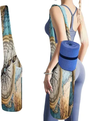 Nugier Yoga Mat Bag, Soft Canvas Storage Bag Fashion Mat Bag Pocket Shoulder Strap Clothes Dorm Organizer Print Old Retro Compass on Old Map Travel Geography Navigation