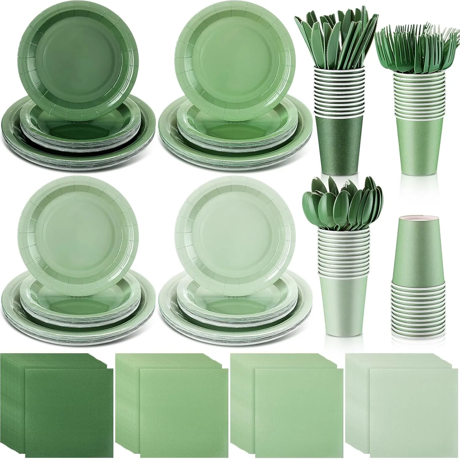 Nuogo 336 Pcs Tableware Set Plates and Napkins Party Supplies Disposable Paper Plates Napkins Cup Fork Knives Spoon for Baby Shower Birthday Wedding Dessert (Gradient Green)