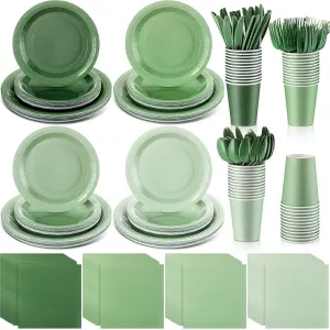 Nuogo 336 Pcs Tableware Set Plates and Napkins Party Supplies Disposable Paper Plates Napkins Cup Fork Knives Spoon for Baby Shower Birthday Wedding Dessert (Gradient Green)