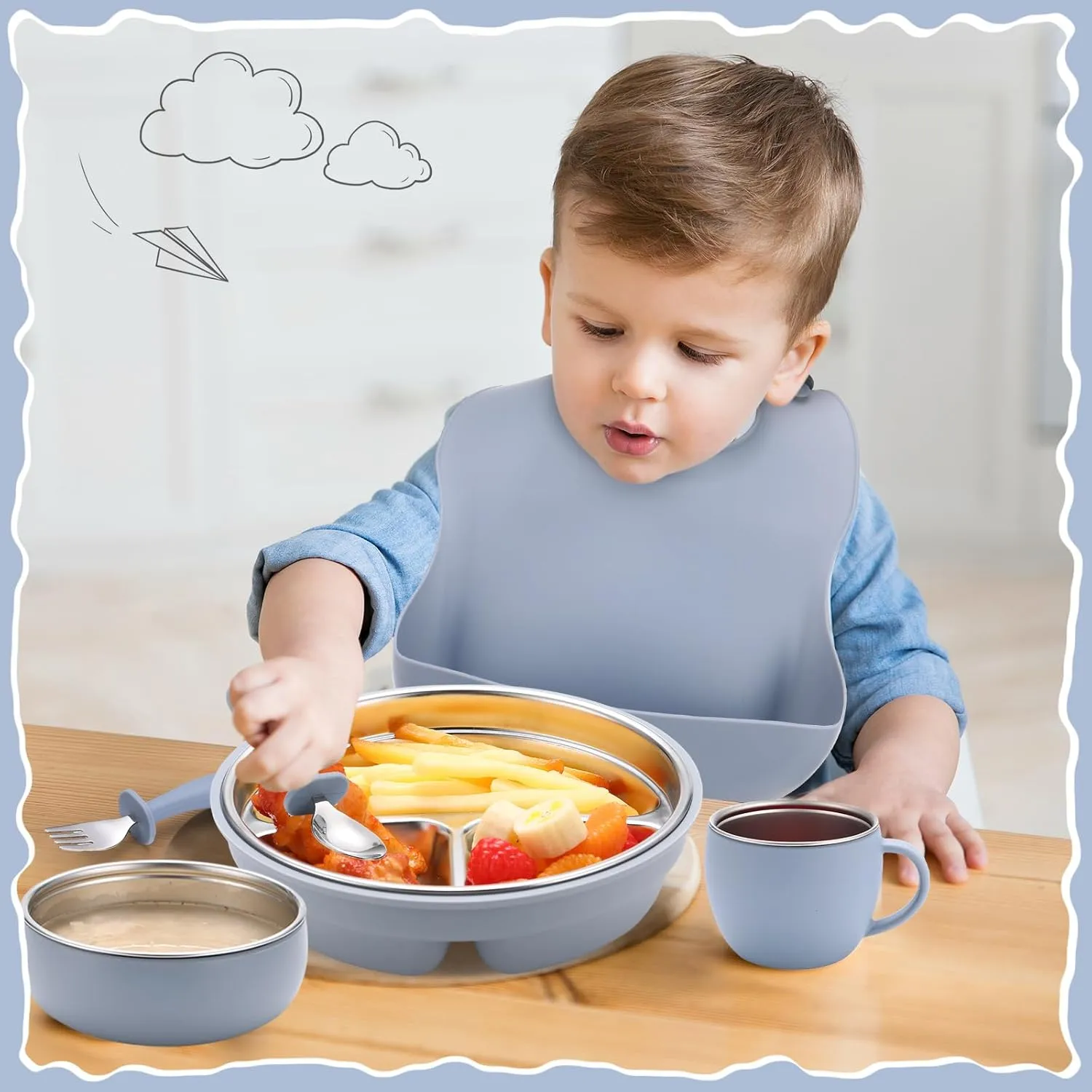 Nuogo 6 Pcs 304 Stainless Steel Kids Plates and Bowls Set Stainless Steel Suction Bowls and Toddler Cup with Removable Silicone, Forks Spoons Pocket Bib for Baby Toddle