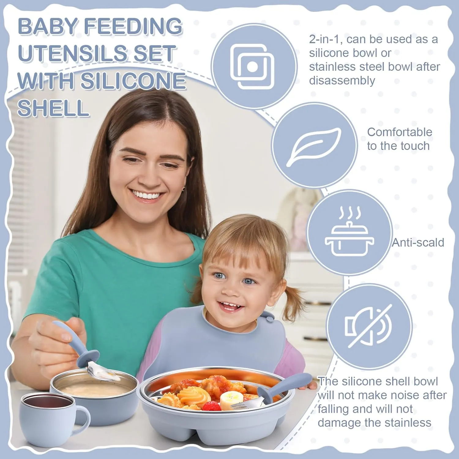 Nuogo 6 Pcs 304 Stainless Steel Kids Plates and Bowls Set Stainless Steel Suction Bowls and Toddler Cup with Removable Silicone, Forks Spoons Pocket Bib for Baby Toddle