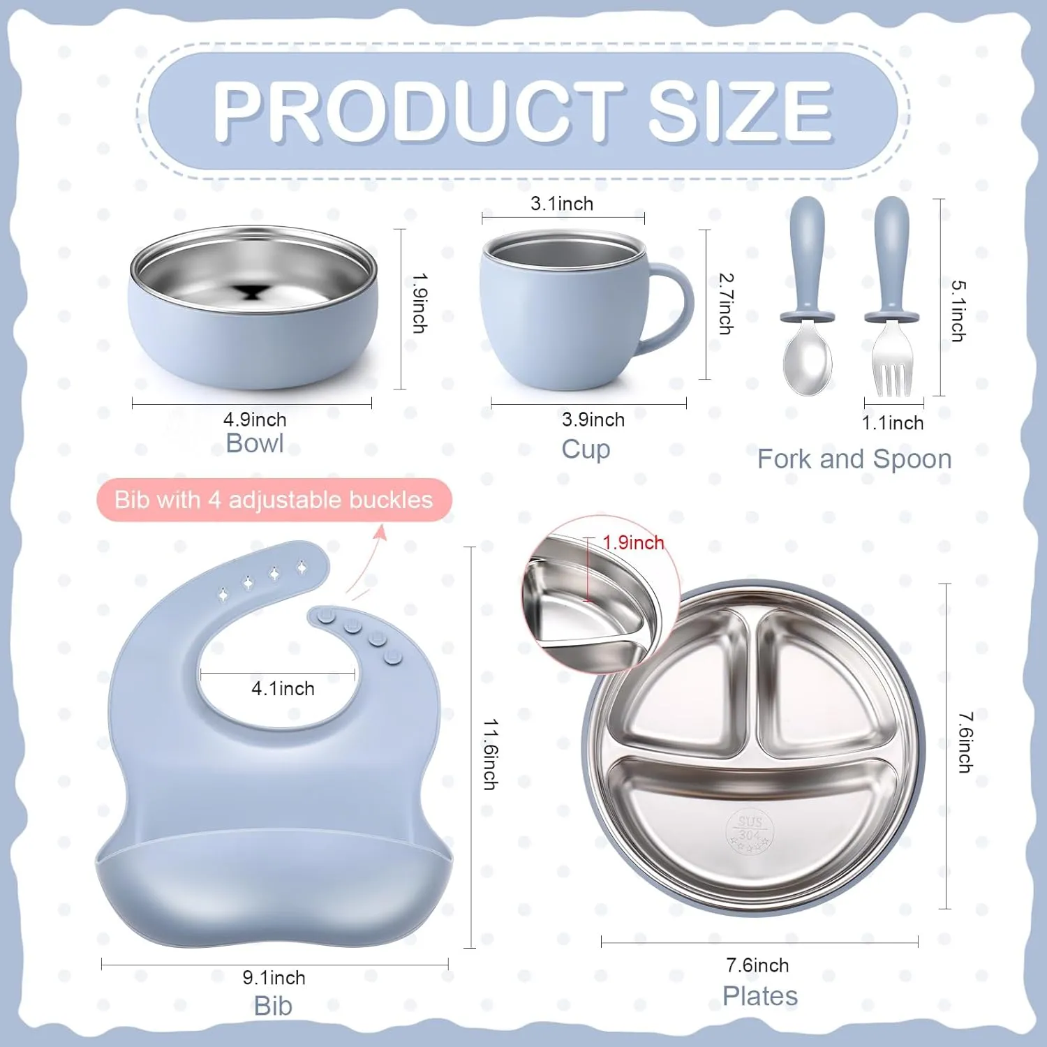 Nuogo 6 Pcs 304 Stainless Steel Kids Plates and Bowls Set Stainless Steel Suction Bowls and Toddler Cup with Removable Silicone, Forks Spoons Pocket Bib for Baby Toddle