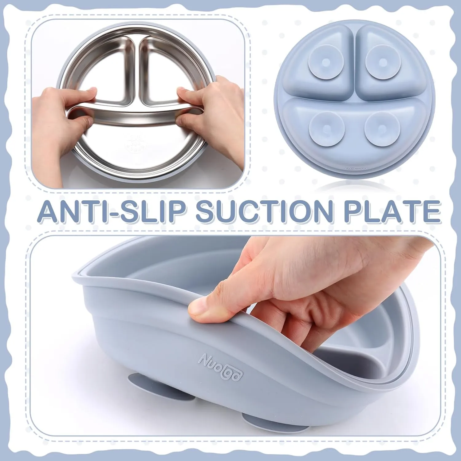 Nuogo 6 Pcs 304 Stainless Steel Kids Plates and Bowls Set Stainless Steel Suction Bowls and Toddler Cup with Removable Silicone, Forks Spoons Pocket Bib for Baby Toddle