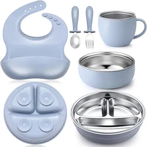 Nuogo 6 Pcs 304 Stainless Steel Kids Plates and Bowls Set Stainless Steel Suction Bowls and Toddler Cup with Removable Silicone, Forks Spoons Pocket Bib for Baby Toddle