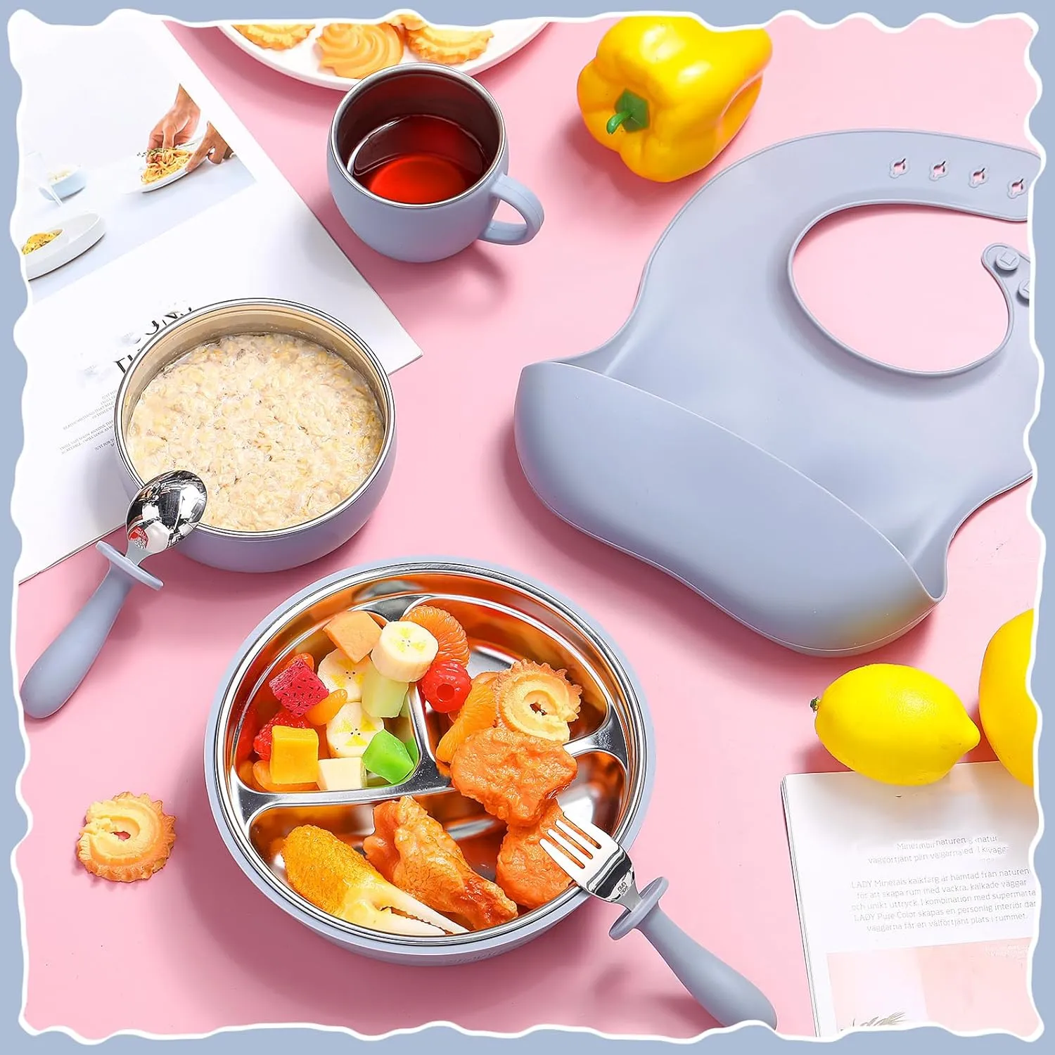 Nuogo 6 Pcs 304 Stainless Steel Kids Plates and Bowls Set Stainless Steel Suction Bowls and Toddler Cup with Removable Silicone, Forks Spoons Pocket Bib for Baby Toddle