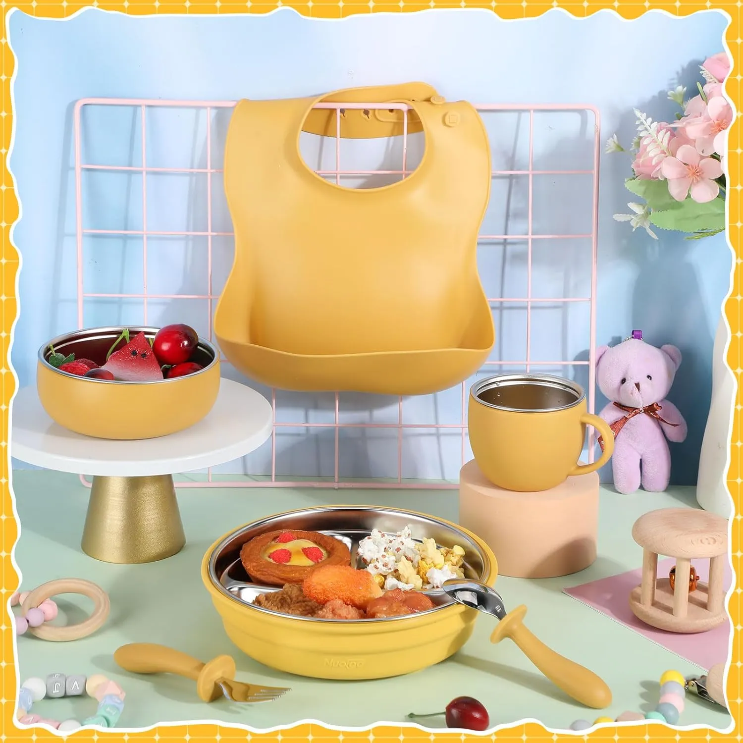 Nuogo 6 Pcs 304 Stainless Steel Kids Plates and Bowls Set Stainless Steel Suction Bowls and Toddler Cup with Removable Silicone, Forks Spoons Pocket Bib for Baby Toddle(Yellow,Round)
