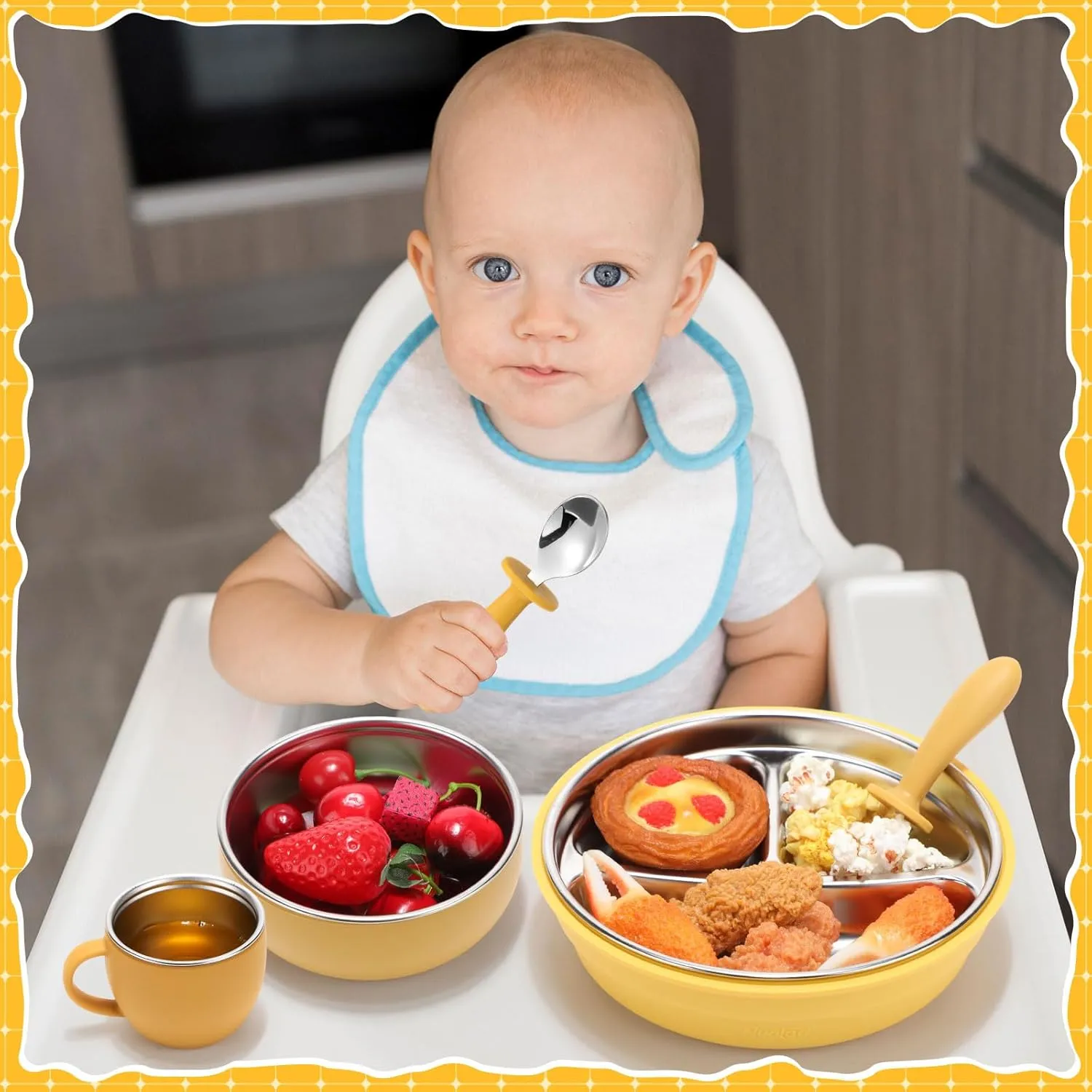 Nuogo 6 Pcs 304 Stainless Steel Kids Plates and Bowls Set Stainless Steel Suction Bowls and Toddler Cup with Removable Silicone, Forks Spoons Pocket Bib for Baby Toddle(Yellow,Round)