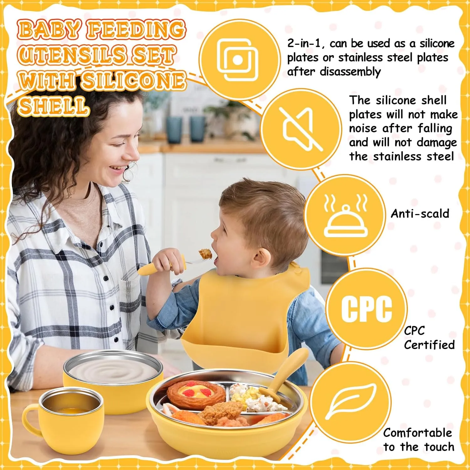 Nuogo 6 Pcs 304 Stainless Steel Kids Plates and Bowls Set Stainless Steel Suction Bowls and Toddler Cup with Removable Silicone, Forks Spoons Pocket Bib for Baby Toddle(Yellow,Round)