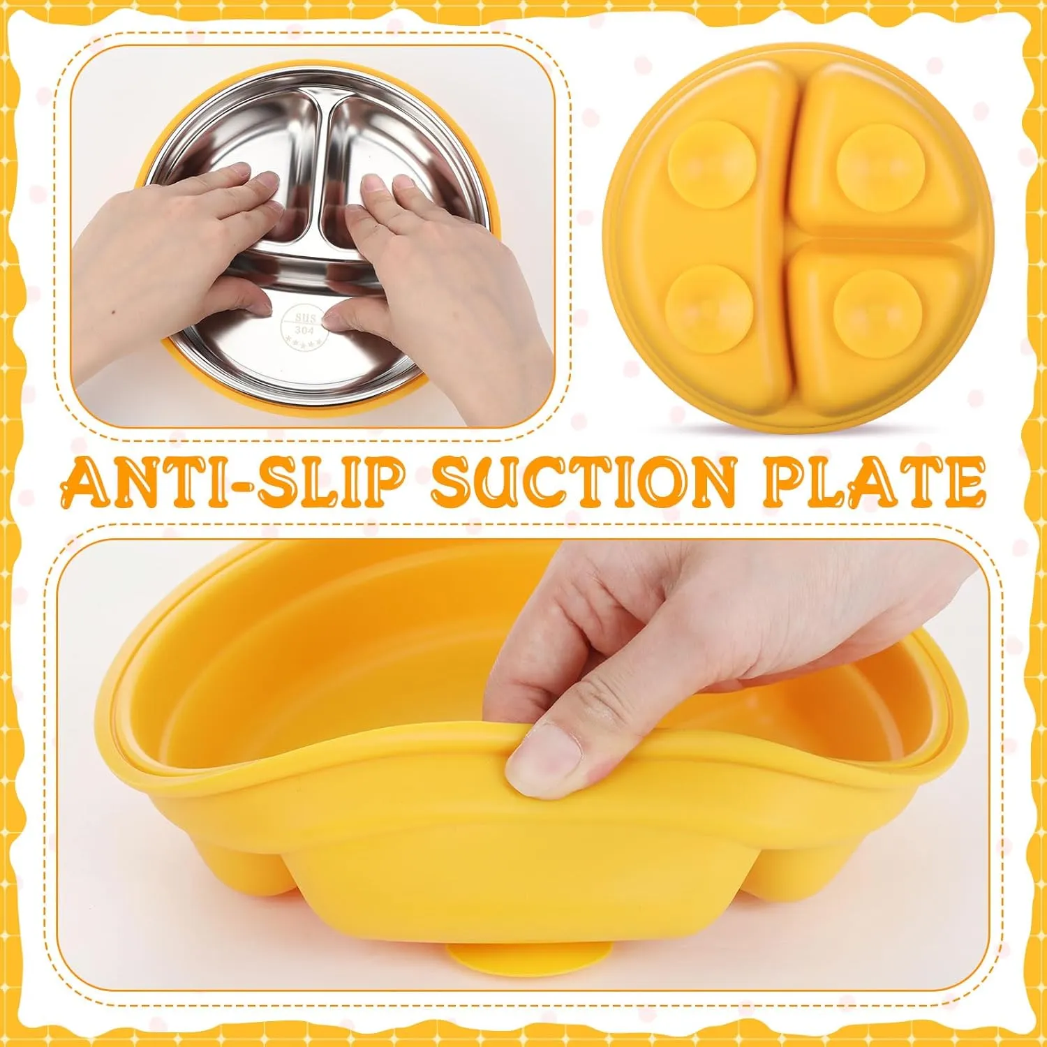 Nuogo 6 Pcs 304 Stainless Steel Kids Plates and Bowls Set Stainless Steel Suction Bowls and Toddler Cup with Removable Silicone, Forks Spoons Pocket Bib for Baby Toddle(Yellow,Round)
