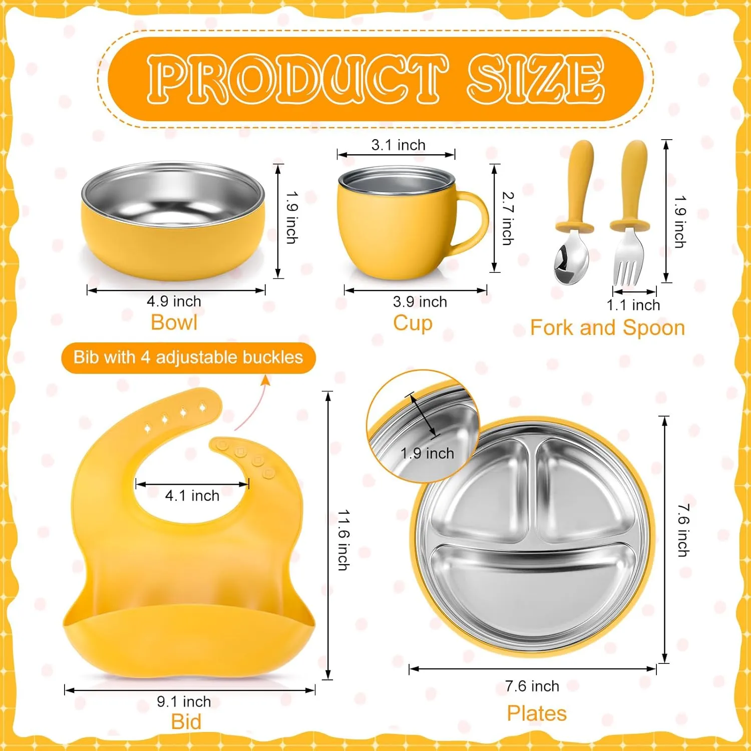 Nuogo 6 Pcs 304 Stainless Steel Kids Plates and Bowls Set Stainless Steel Suction Bowls and Toddler Cup with Removable Silicone, Forks Spoons Pocket Bib for Baby Toddle(Yellow,Round)
