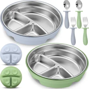 Nuogo 6 Pcs Stainless Steel Baby Suction Plates Forks Spoons Set Kids Toddler Plate with Removable Silicone Shell 2-in-1 Metal Divided Bowls for Led Weaning Dishwasher Safe