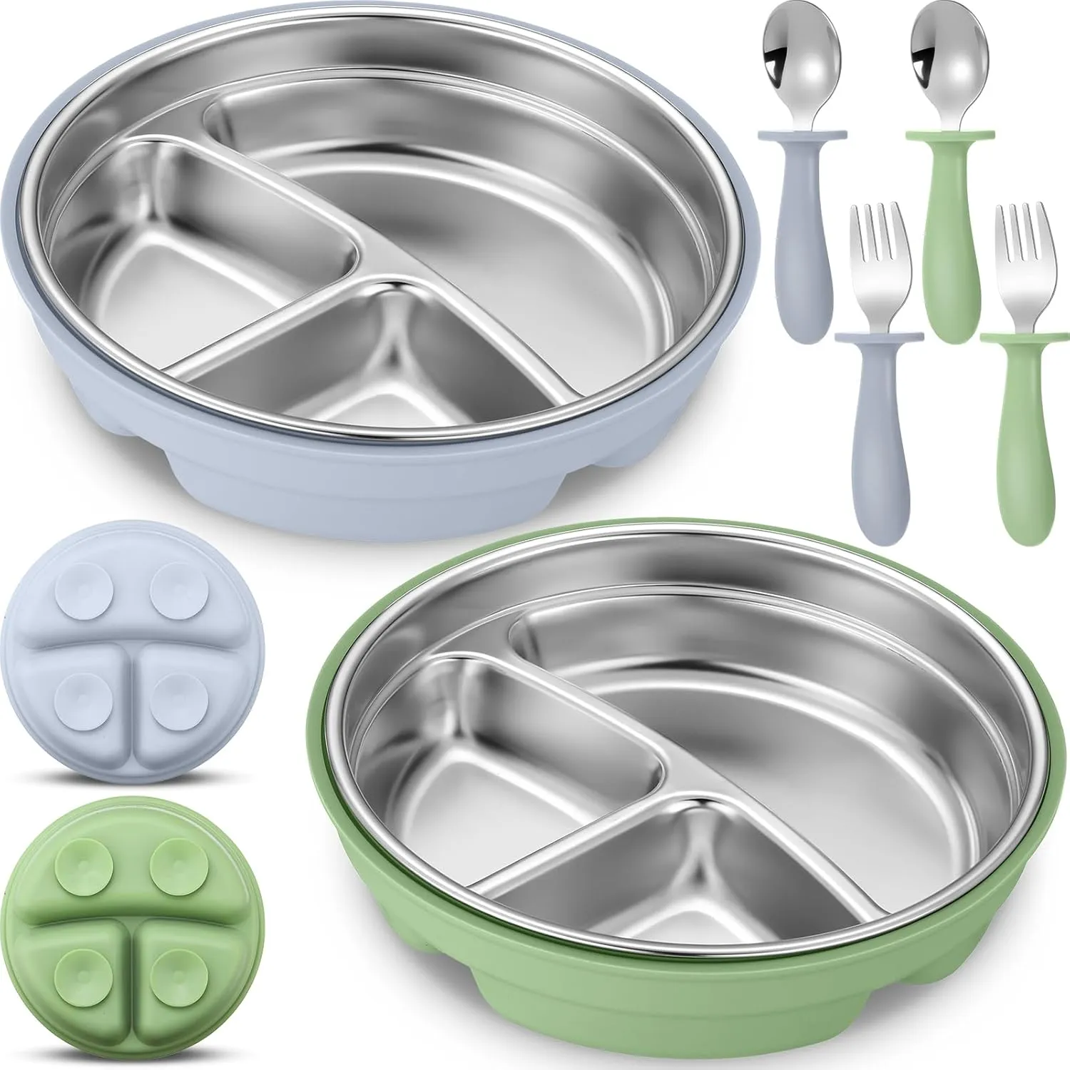 Nuogo 6 Pcs Stainless Steel Baby Suction Plates Forks Spoons Set Kids Toddler Plate with Removable Silicone Shell 2-in-1 Metal Divided Bowls for Led Weaning Dishwasher Safe